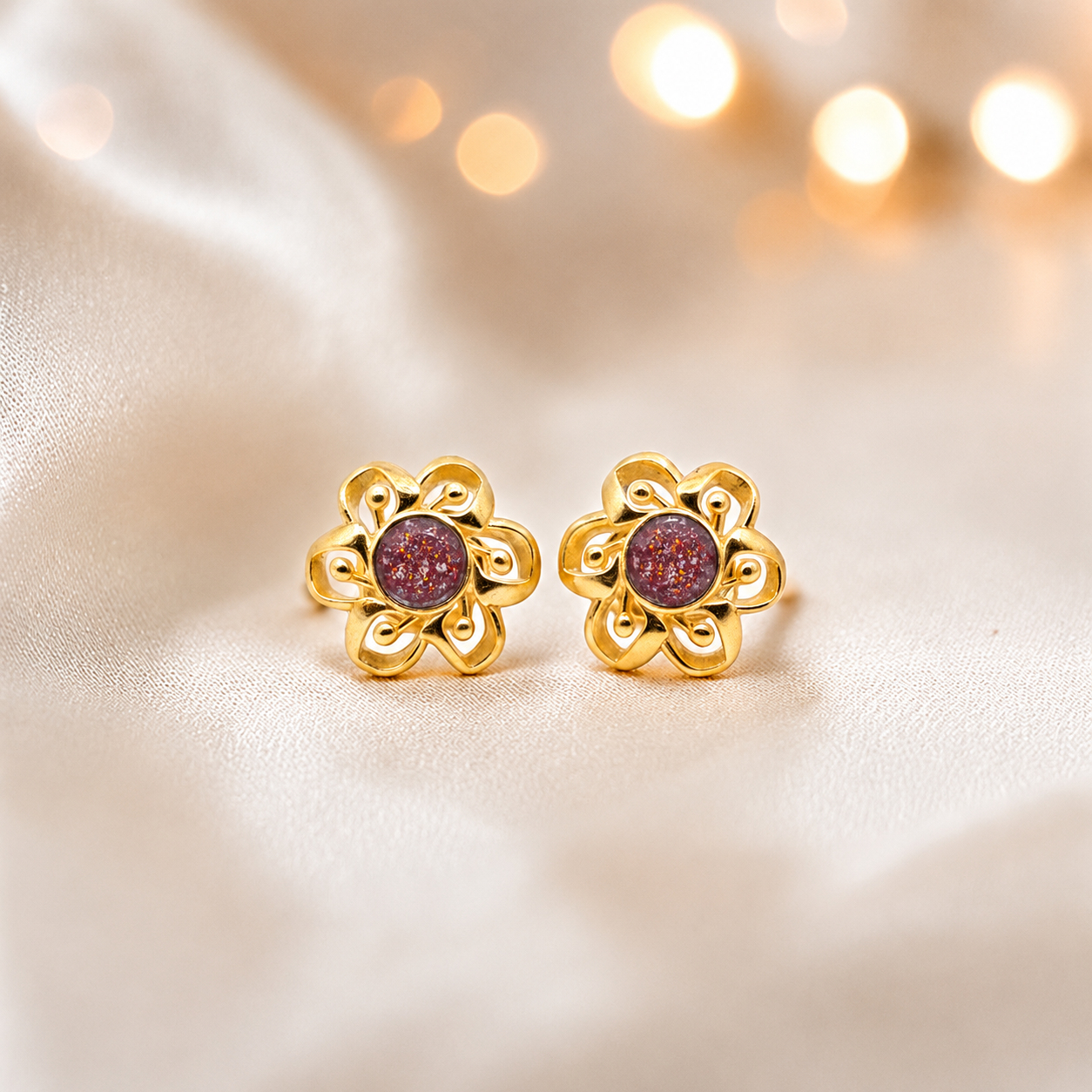 Ruby Red Freya 9ct gold flower earrings, handcrafted in Lancashire, UK – by Keepsake Memorial Jewellery