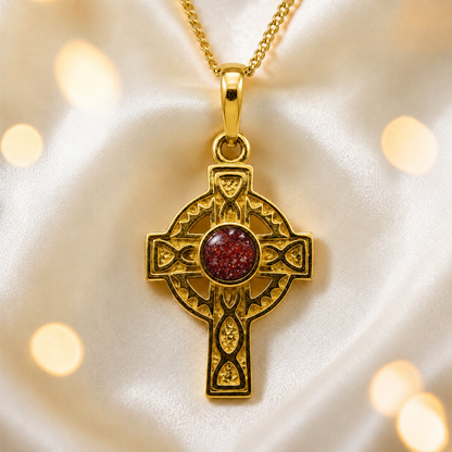 Ruby Red Gael Cross 9ct gold pendant, handcrafted in Lancashire UK – by Keepsake Memorial Jewellery