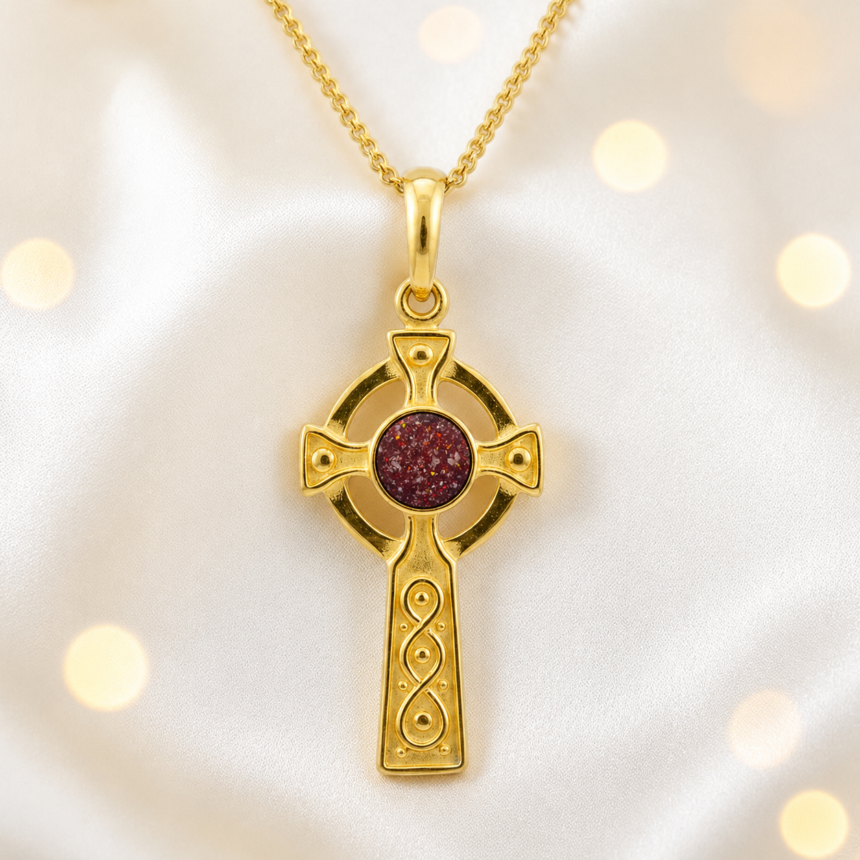 Ruby Red Claddagh Cross 9ct gold pendant, handcrafted in Lancashire UK – by Keepsake Memorial Jewellery