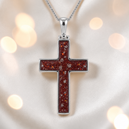 Ruby Red Halo sterling silver cross memorial pendant, 30mm, handcrafted in Lancashire UK by Keepsake Memorial Jewellery