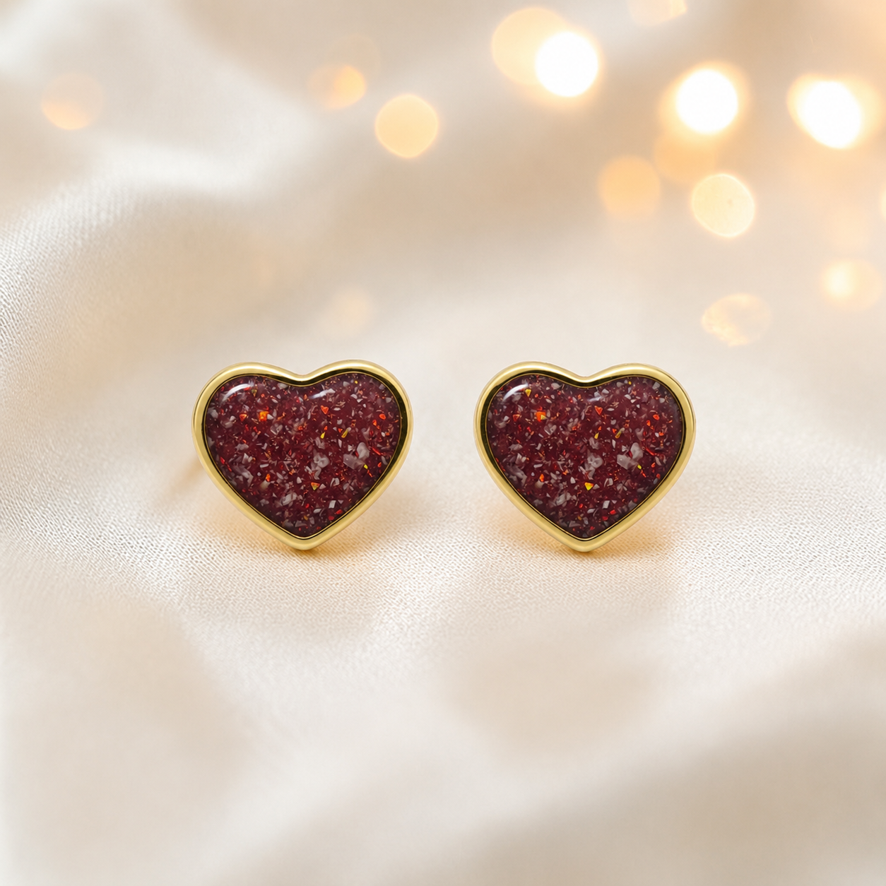 Ruby Red Helene 9ct gold heart earrings, handcrafted in Lancashire, UK – by Keepsake Memorial Jewellery