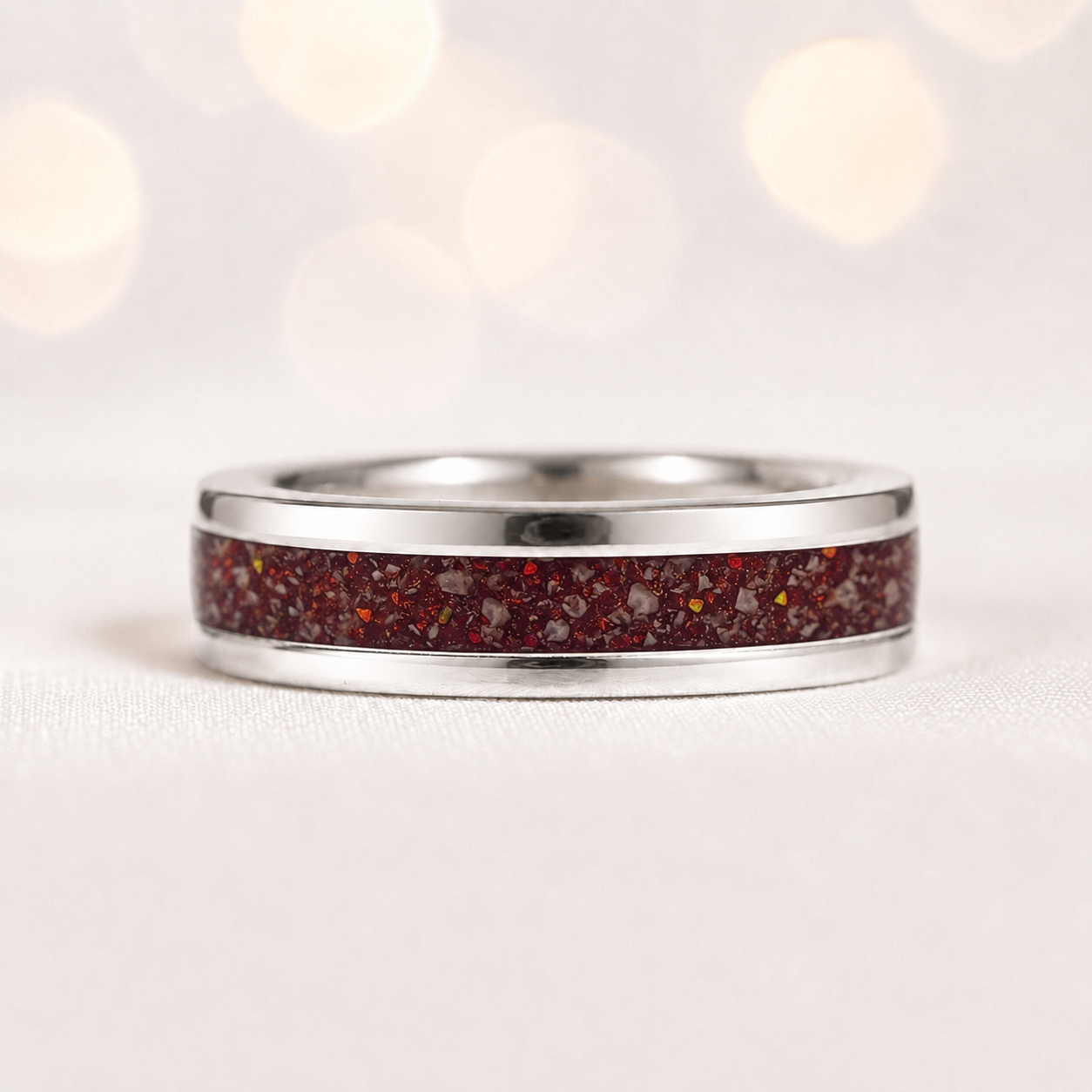 Ruby red Horizon unisex sterling silver channel memorial band ring, 5.5mm wide, handcrafted in Lancashire UK by Keepsake Memorial Jewellery