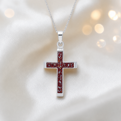 Ruby Red Legacy men's sterling silver 3D cross memorial pendant, 29mm, handcrafted in Lancashire UK by Keepsake Memorial Jewellery