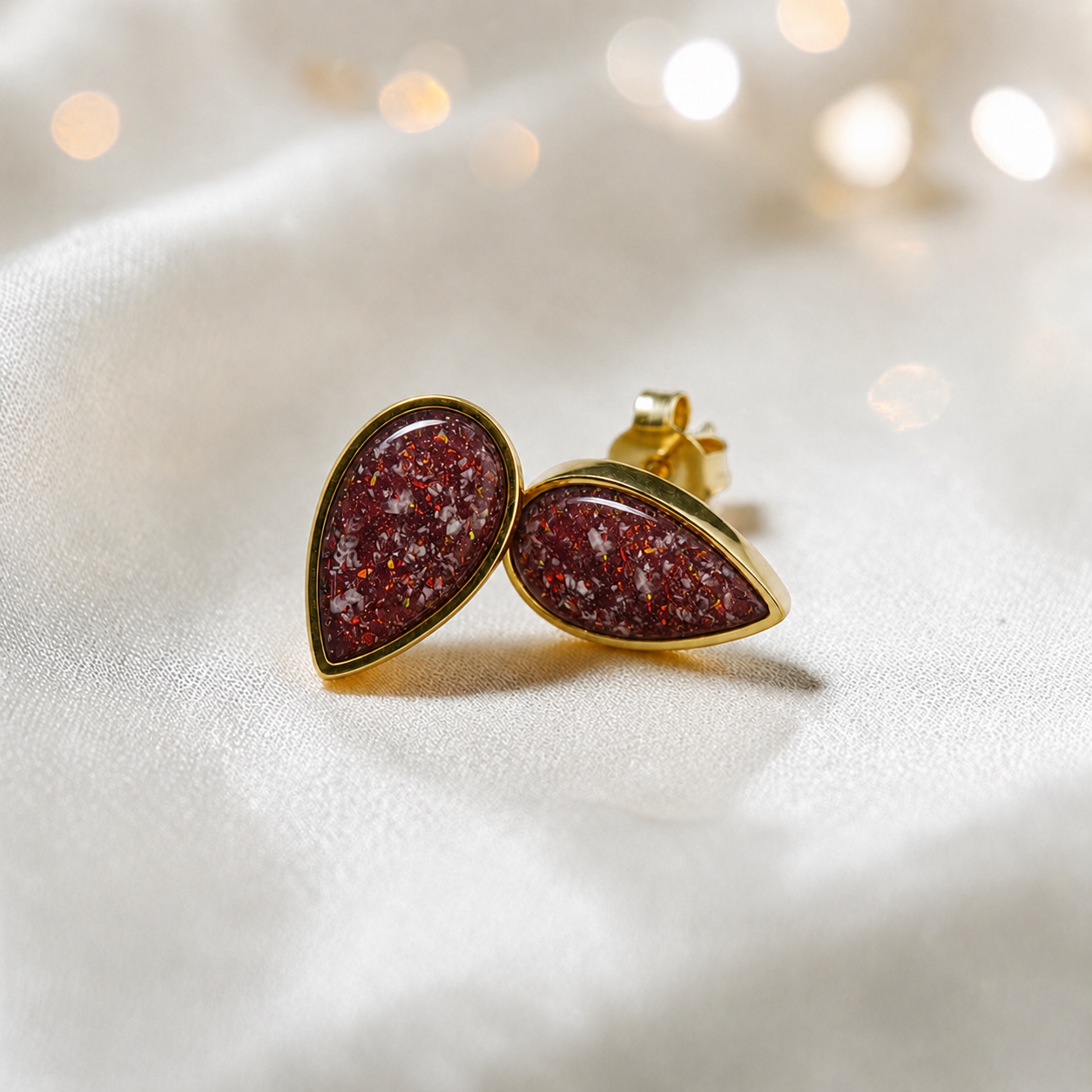 Ruby Red Luma 9ct gold peardrop earrings, handcrafted in Lancashire, UK – by Keepsake Memorial Jewellery