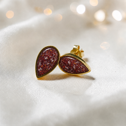 Ruby Red Luma 9ct gold peardrop earrings, handcrafted in Lancashire, UK – by Keepsake Memorial Jewellery