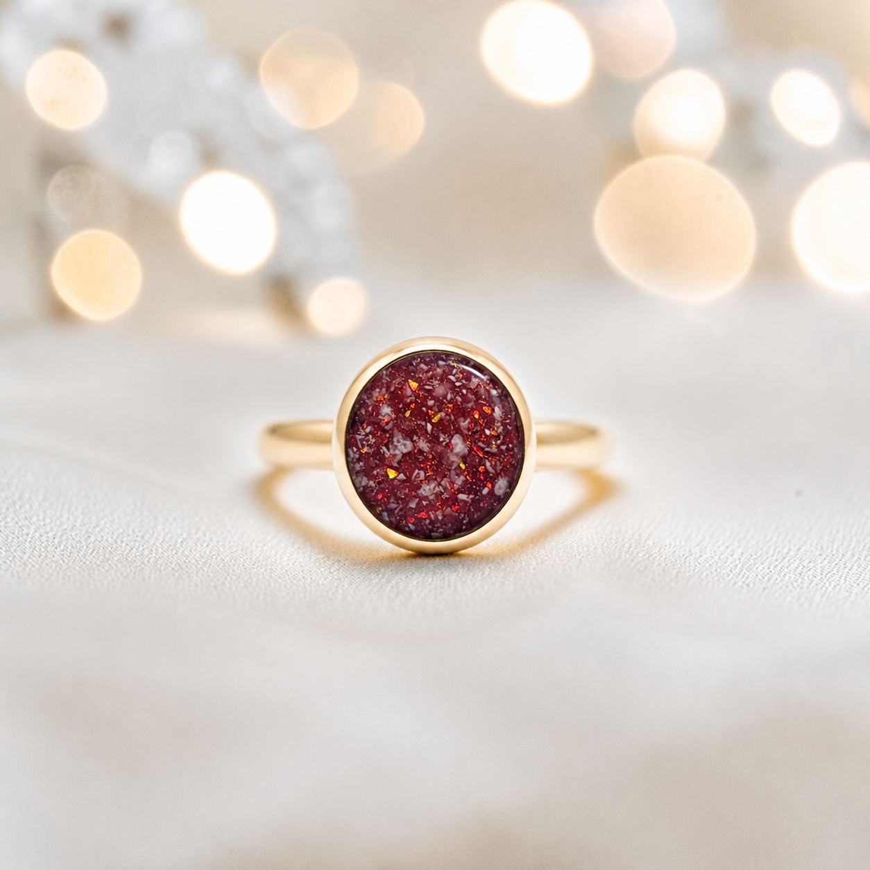 Ruby Red 9ct gold round memorial ring,  Matilda, handcrafted in Lancashire, UK – by Keepsake Memorial Jewellery