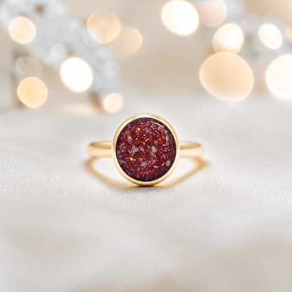 Ruby Red 9ct gold round memorial ring,  Matilda, handcrafted in Lancashire, UK – by Keepsake Memorial Jewellery