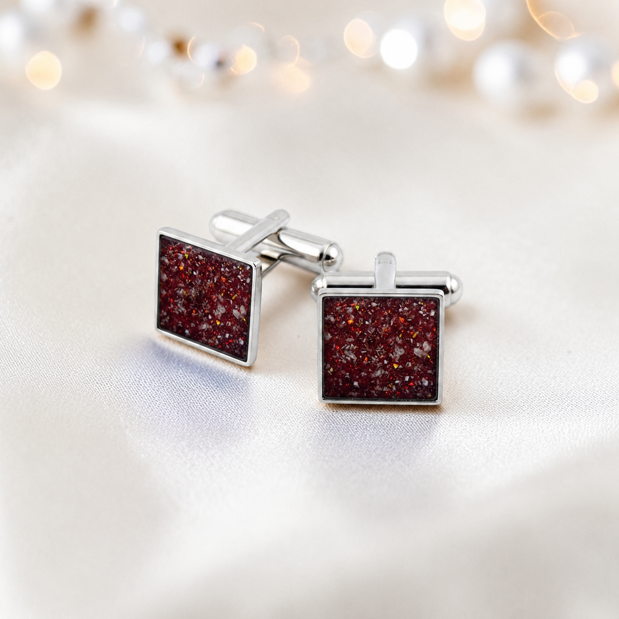 Ruby red Nexus sterling silver square memorial ashes cufflinks, handcrafted in Lancashire UK