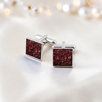 Ruby red Nexus sterling silver square memorial ashes cufflinks, handcrafted in Lancashire UK