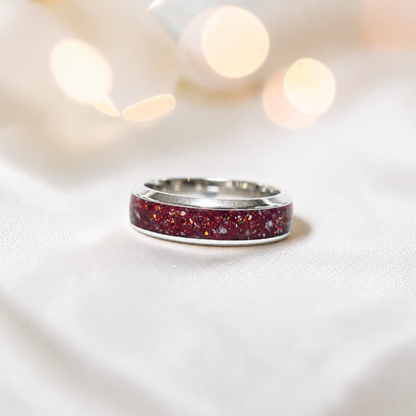 Ruby red Obsidian men's sterling silver wide channel memorial band ring, 6mm wide, handcrafted in Lancashire UK by Keepsake Memorial Jewellery