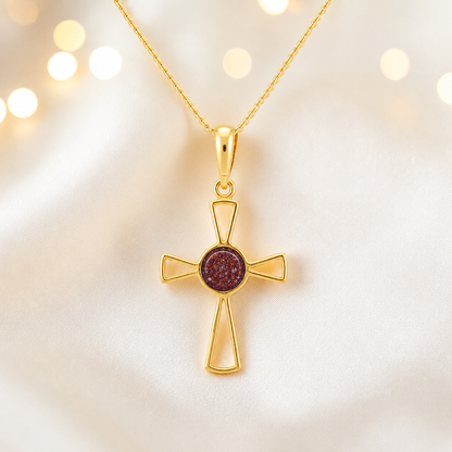 Ruby red 9ct gold memorial ashes open cross pendant, handcrafted in Lancashire UK