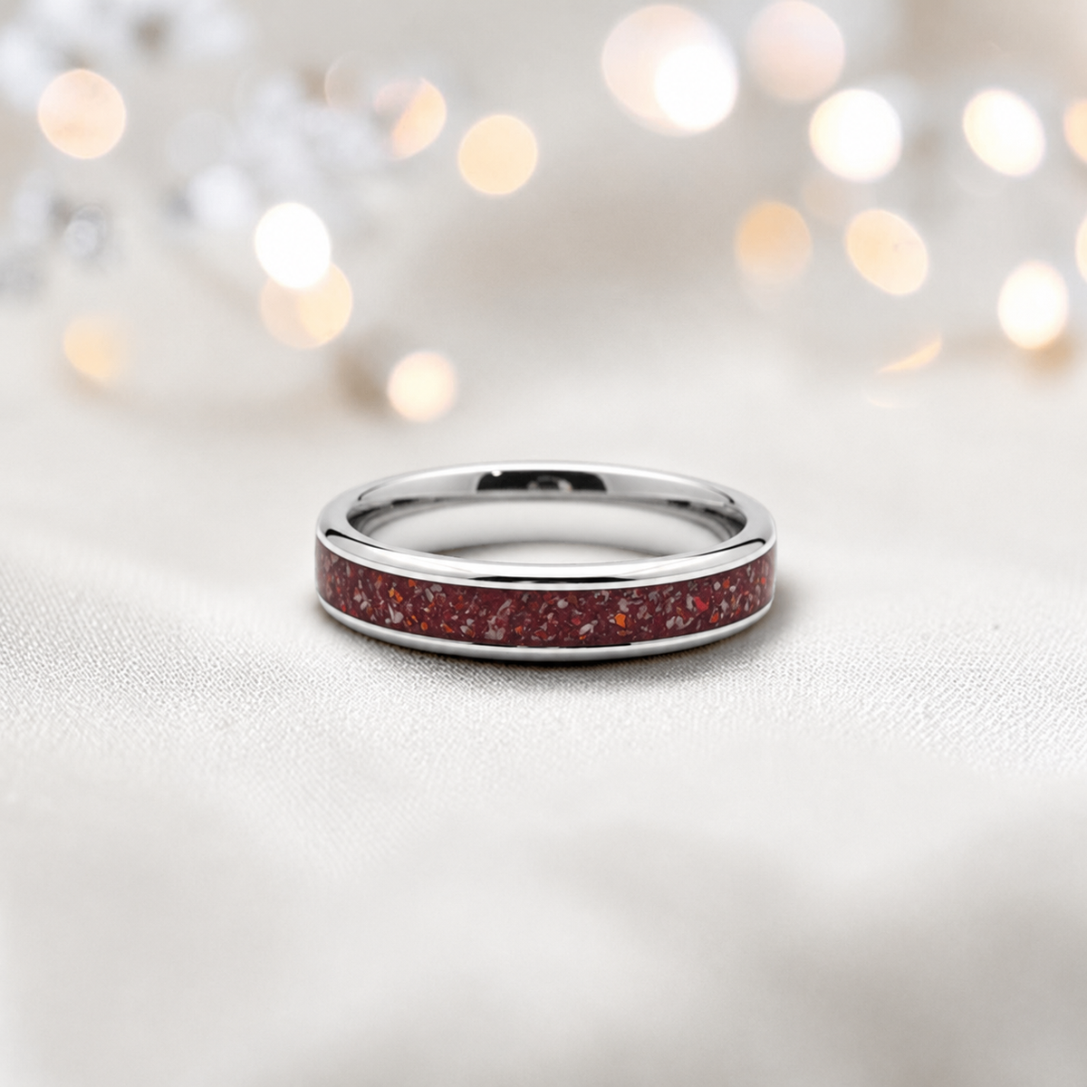 Ruby red Ridge unisex stainless steel channel memorial ring, handcrafted in Lancashire UK by Keepsake Memorial Jewellery
