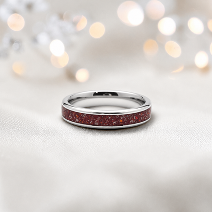 Ruby red Ridge unisex stainless steel channel memorial ring, handcrafted in Lancashire UK by Keepsake Memorial Jewellery