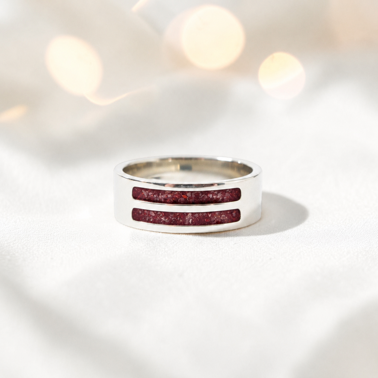 Ruby Red Strata men's sterling silver double channel memorial ring, wide comfort-fit band, handcrafted in Lancashire UK by Keepsake Memorial Jewellery