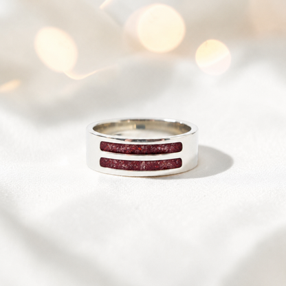 Ruby Red Strata men's sterling silver double channel memorial ring, wide comfort-fit band, handcrafted in Lancashire UK by Keepsake Memorial Jewellery