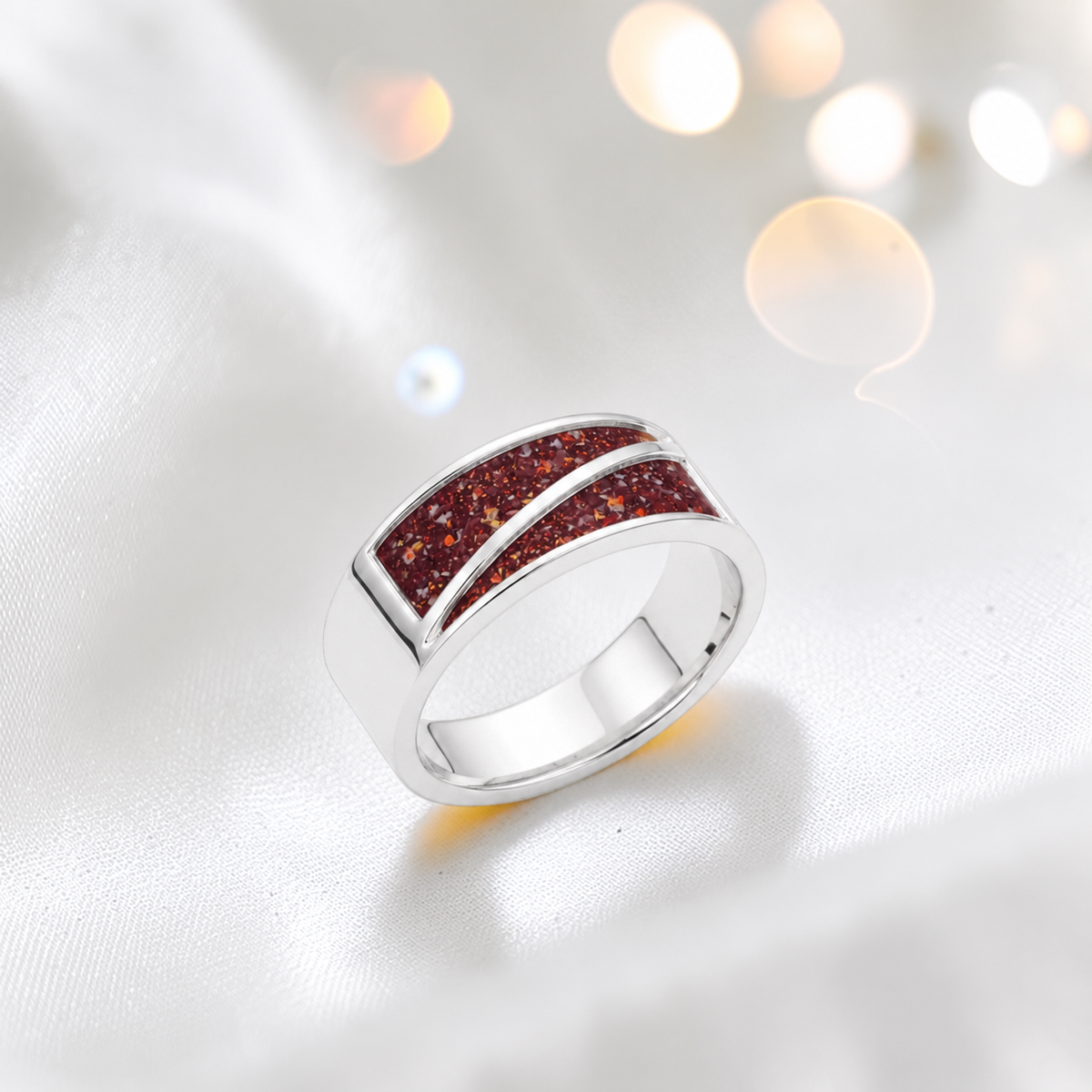 Ruby red Two Paths men's sterling silver split channel memorial band ring, handcrafted in Lancashire UK by Keepsake Memorial Jewellery