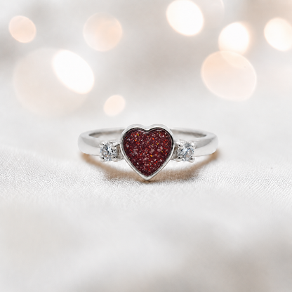 Valentina Ring — silver heart ashes memorial ring, in ruby red, handcrafted in the UK