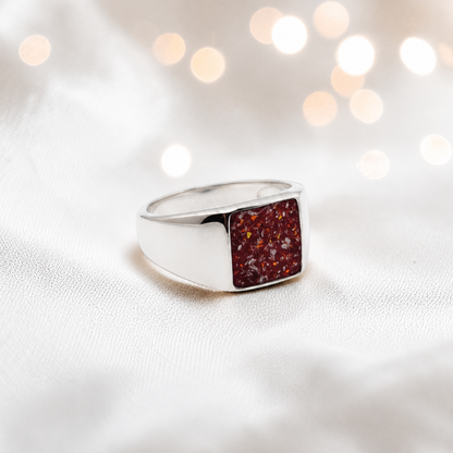 Ruby Red Valor men's sterling silver memorial signet ring, handcrafted in Lancashire UK by Keepsake Memorial Jewellery