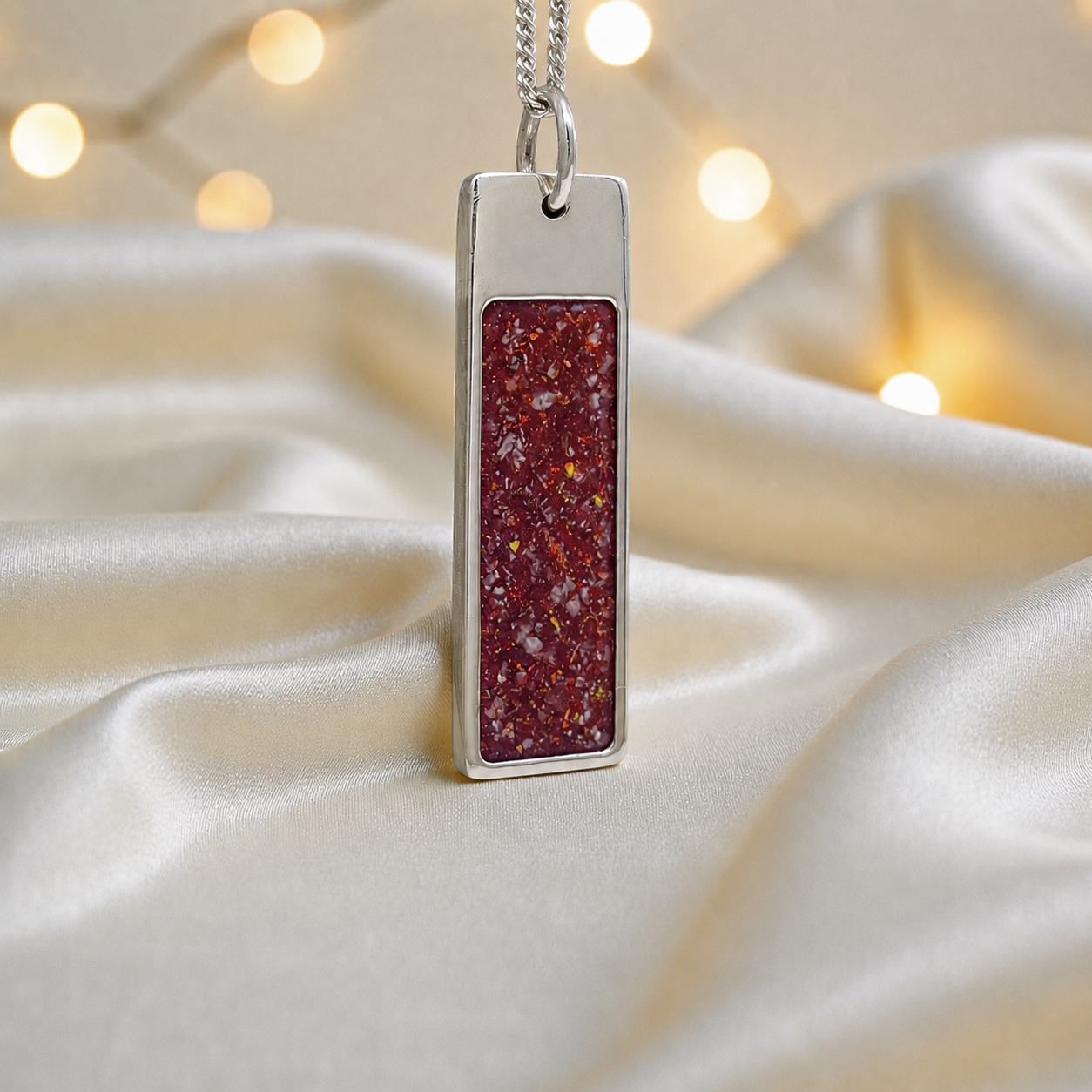 Ruby Red Valour men's sterling silver memorial pendant, handcrafted in Lancashire UK by Keepsake Memorial Jewellery