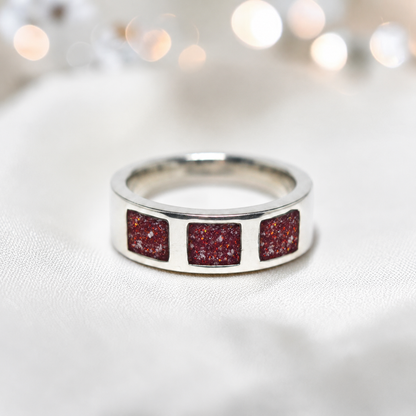 Ruby red vigil men's sterling silver memorial ring with triple setting, handcrafted in Lancashire UK by Keepsake Memorial Jewellery