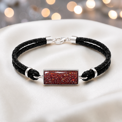 Ruby red  Zenith men's sterling silver and leather memorial bracelet , handcrafted in Lancashire UK by Keepsake Memorial Jewellery