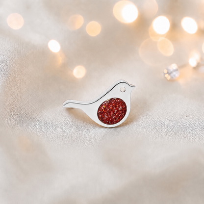 Keepsake memorial silver Robin  ashes charm, in ruby red, handcrafted in Lancashire, UK