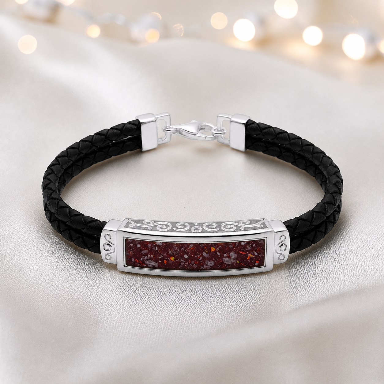 Ruby red Sentinel men's sterling silver and leather memorial bracelet , handcrafted in Lancashire UK by Keepsake Memorial Jewellery