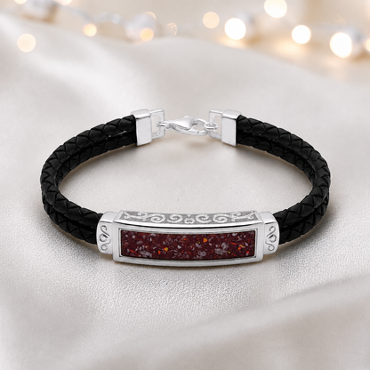 Ruby red Sentinel men's sterling silver and leather memorial bracelet , handcrafted in Lancashire UK by Keepsake Memorial Jewellery