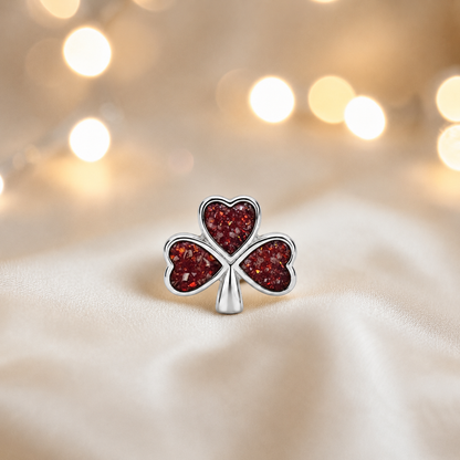Ruby red sterling silver shamrock ashes memorial charm, handcrafted in Lancashire by keepsake memorial