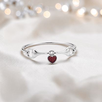 Silver Rocket snaffle bit ashes bangle in ruby red,  handcrafted in Lancashire UK - by Keepsake Memorial Jewellery