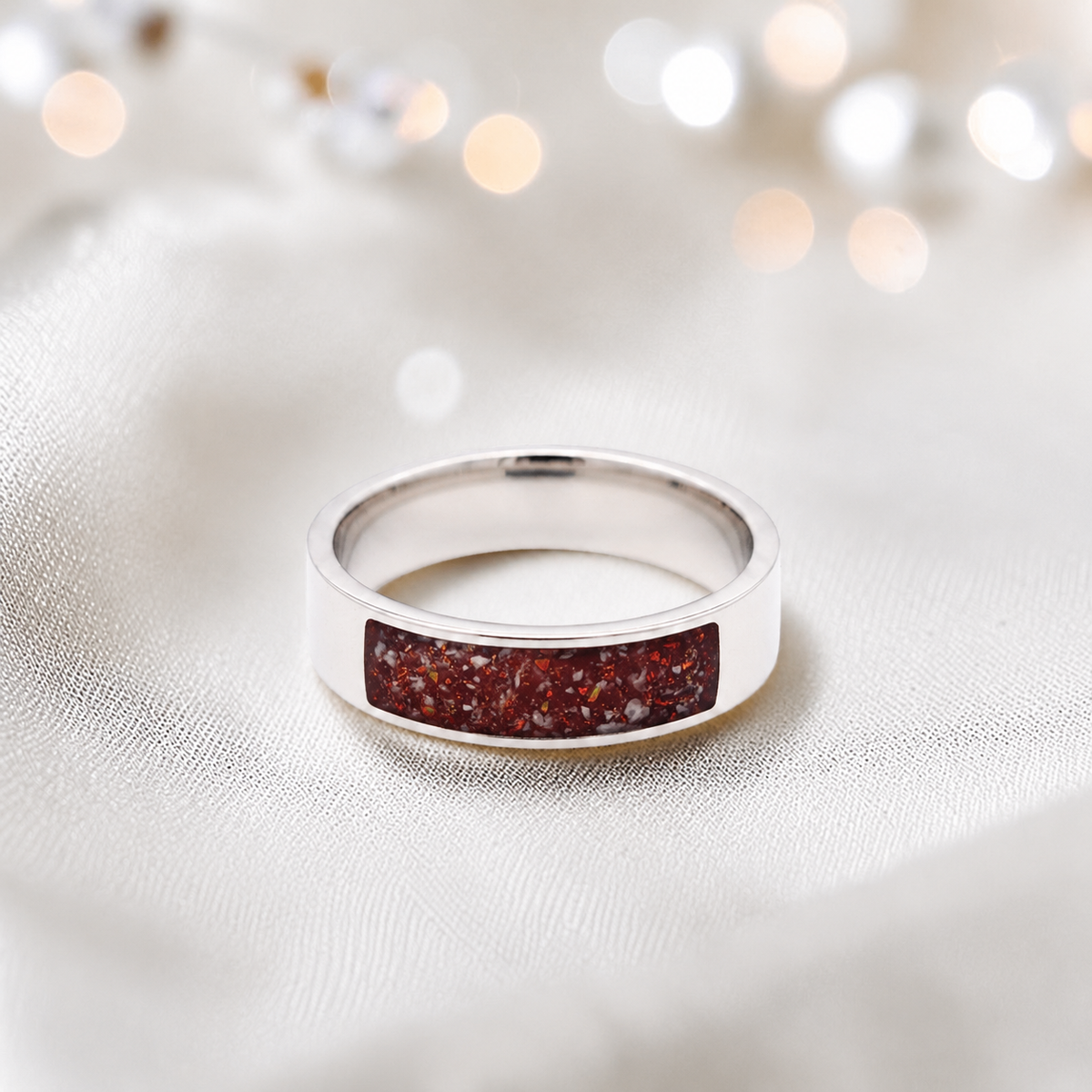 Ruby red Solace men's sterling silver ring, handcrafted in Lancashire UK by Keepsake Memorial Jewellery