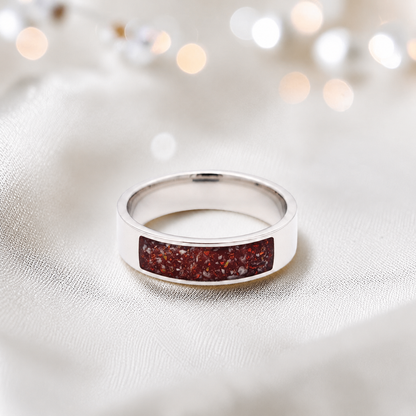Ruby red Solace men's sterling silver ring, handcrafted in Lancashire UK by Keepsake Memorial Jewellery