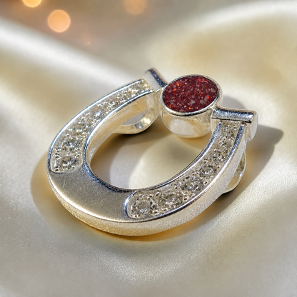 Sparkle horseshoe ashes pendant in ruby red,  handcrafted in Lancashire UK - by Keepsake Memorial Jewellery