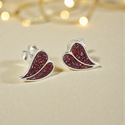 Two Hearts memorial stud earrings in Ruby Red opal — sterling silver, handcrafted in Lancashire, UK