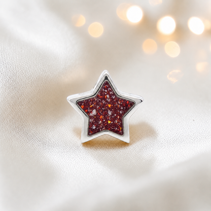 Ruby red sterling silver star ashes memorial charm, handcrafted in Lancashire by keepsake memorial