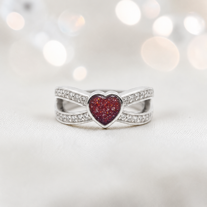 Keepsake Memorial Silver Stella Ashes Ring in ruby red  - Handcrafted in the UK