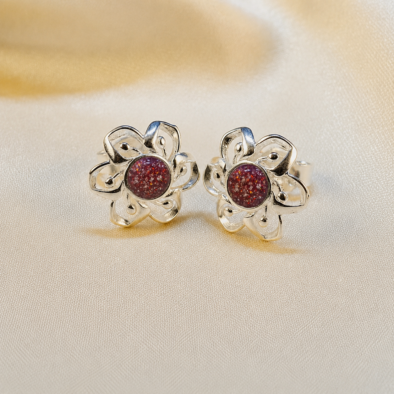 Keepsake Memorial Sterling Silver Ladies Ashes Earrings - Velour Flowers