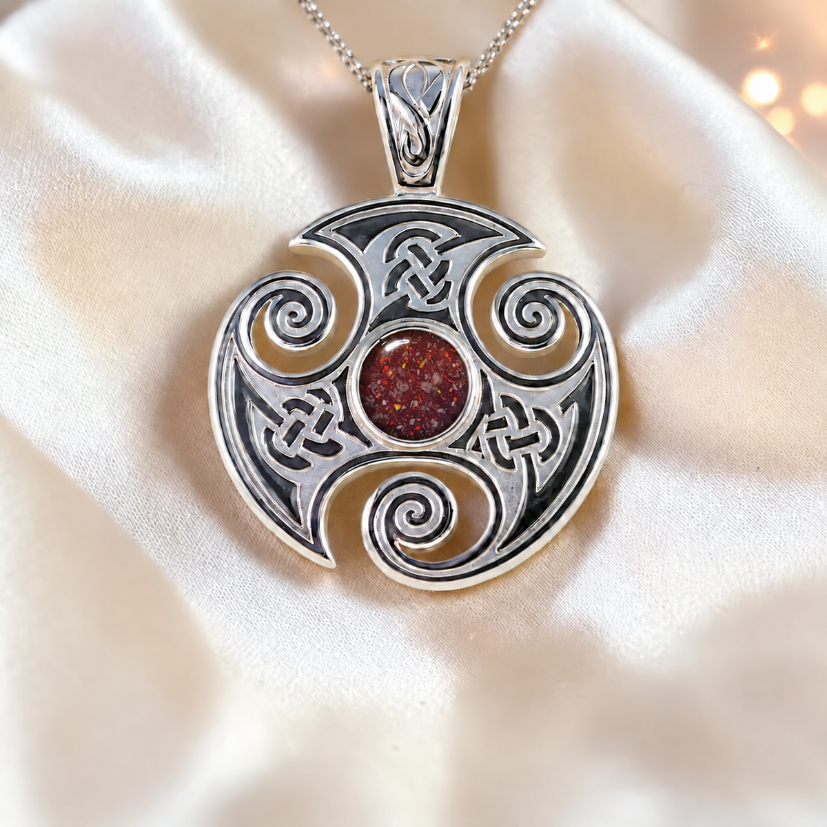 Ruby Red Keepsake Memorial Silver Viking Ashes Pendant in sterling silver 925, 32mm x 24mm