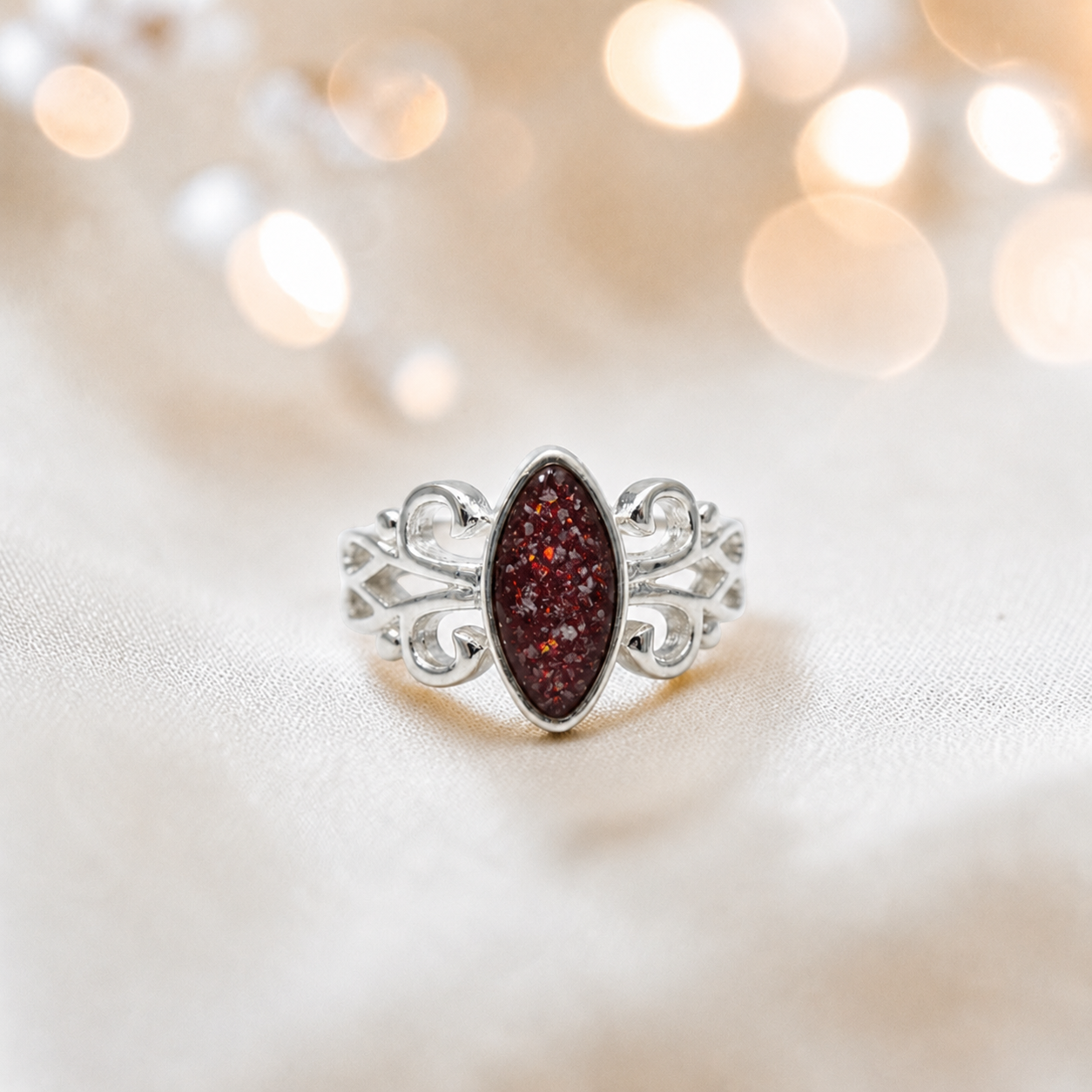 Keepsake Memorial Silver Willow Ashes Ring in Ruby Red - Handcrafted in the UK
