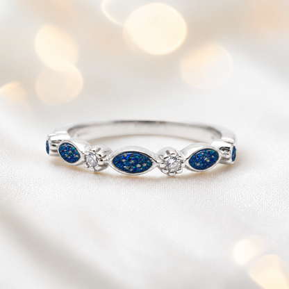 Keepsake Memorial Silver Arabella Half-Band Marquise Ashes Ring in Sapphire Glow  — handcrafted in Lancashire, UK