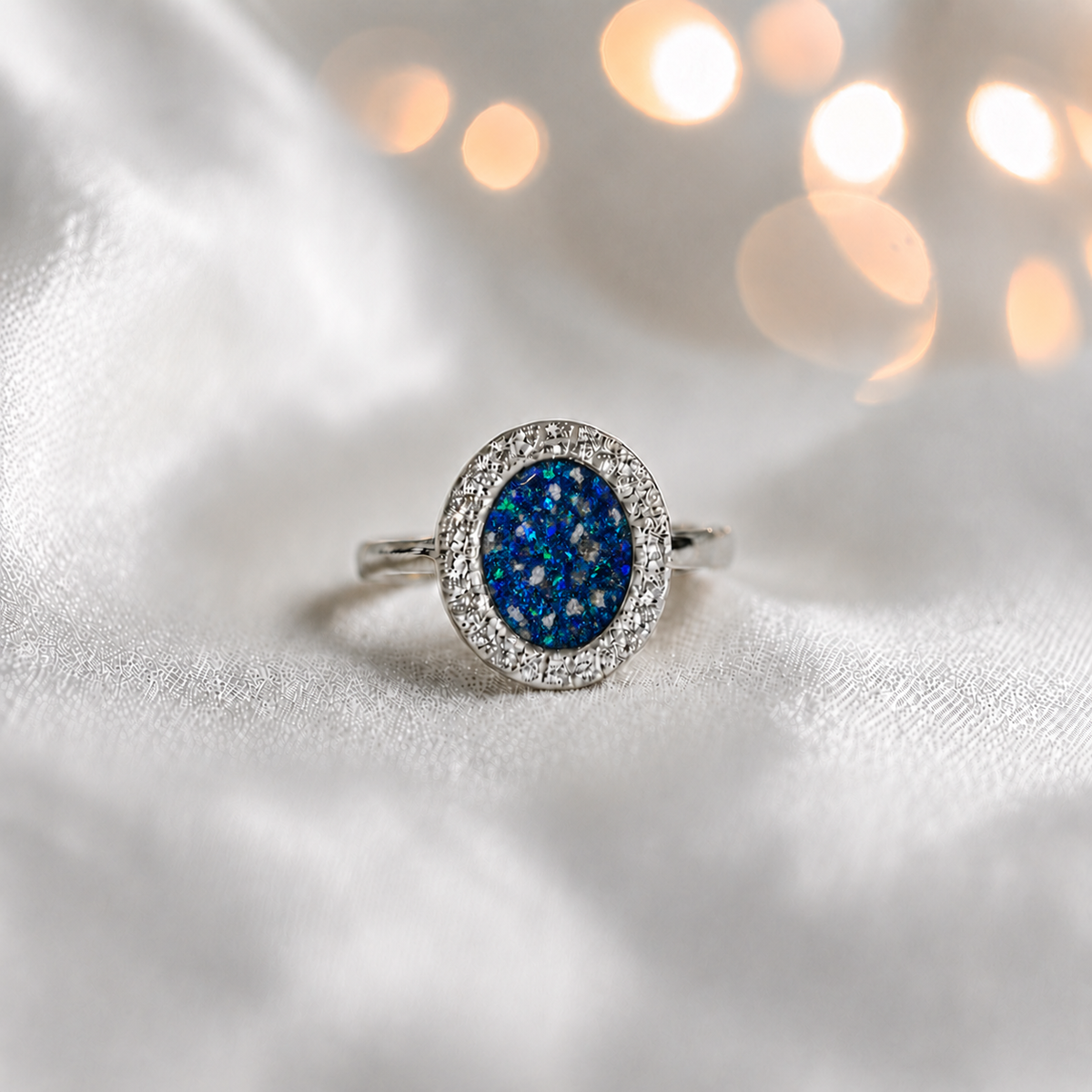 Keepsake Memorial Silver Halo Ashes Ring in Sapphire Glow - Handcrafted in the UK