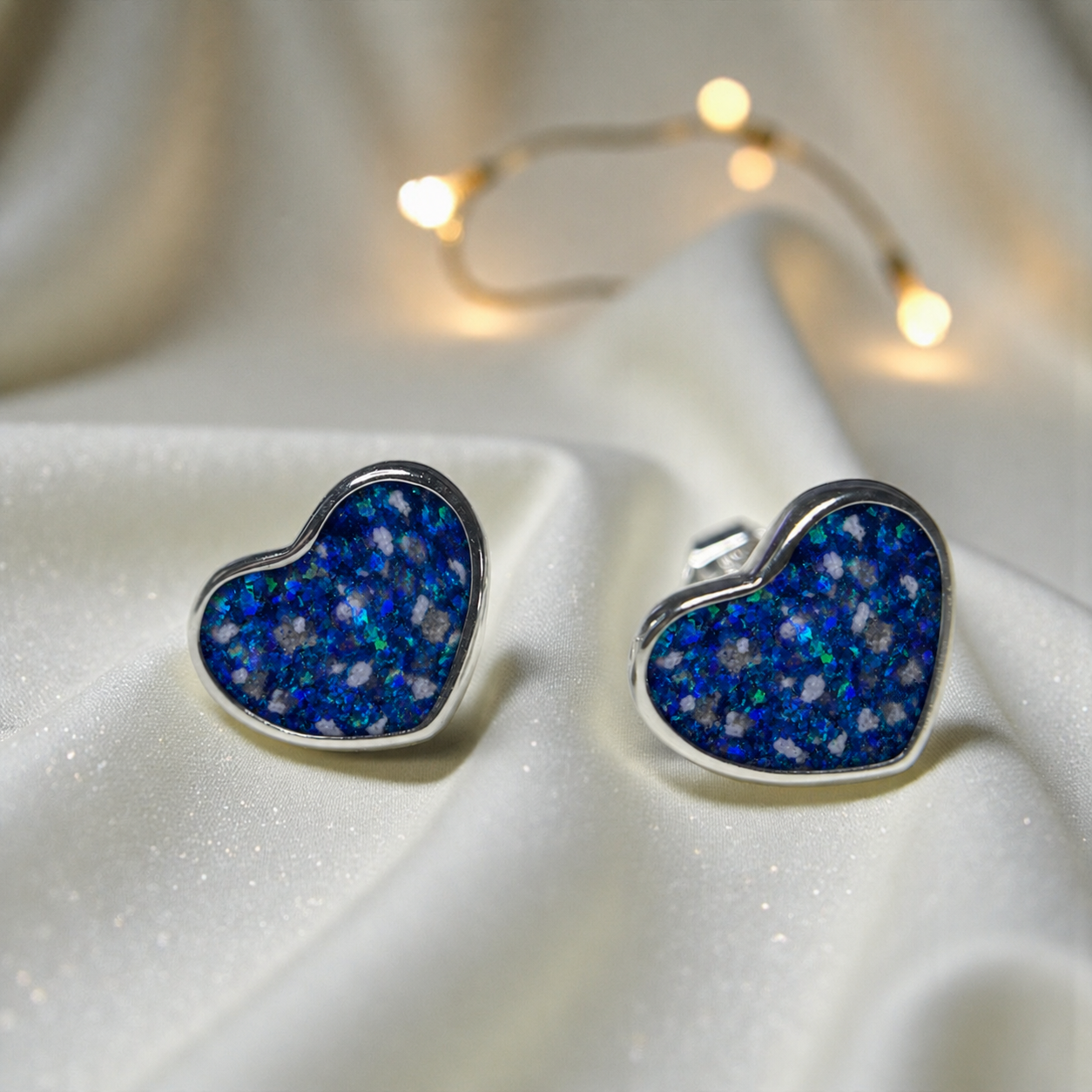 Keepsake Memorial Sterling Silver Heart Ashes Earrings Luna Grace in Sapphire Glow - Handcrafted in the UK