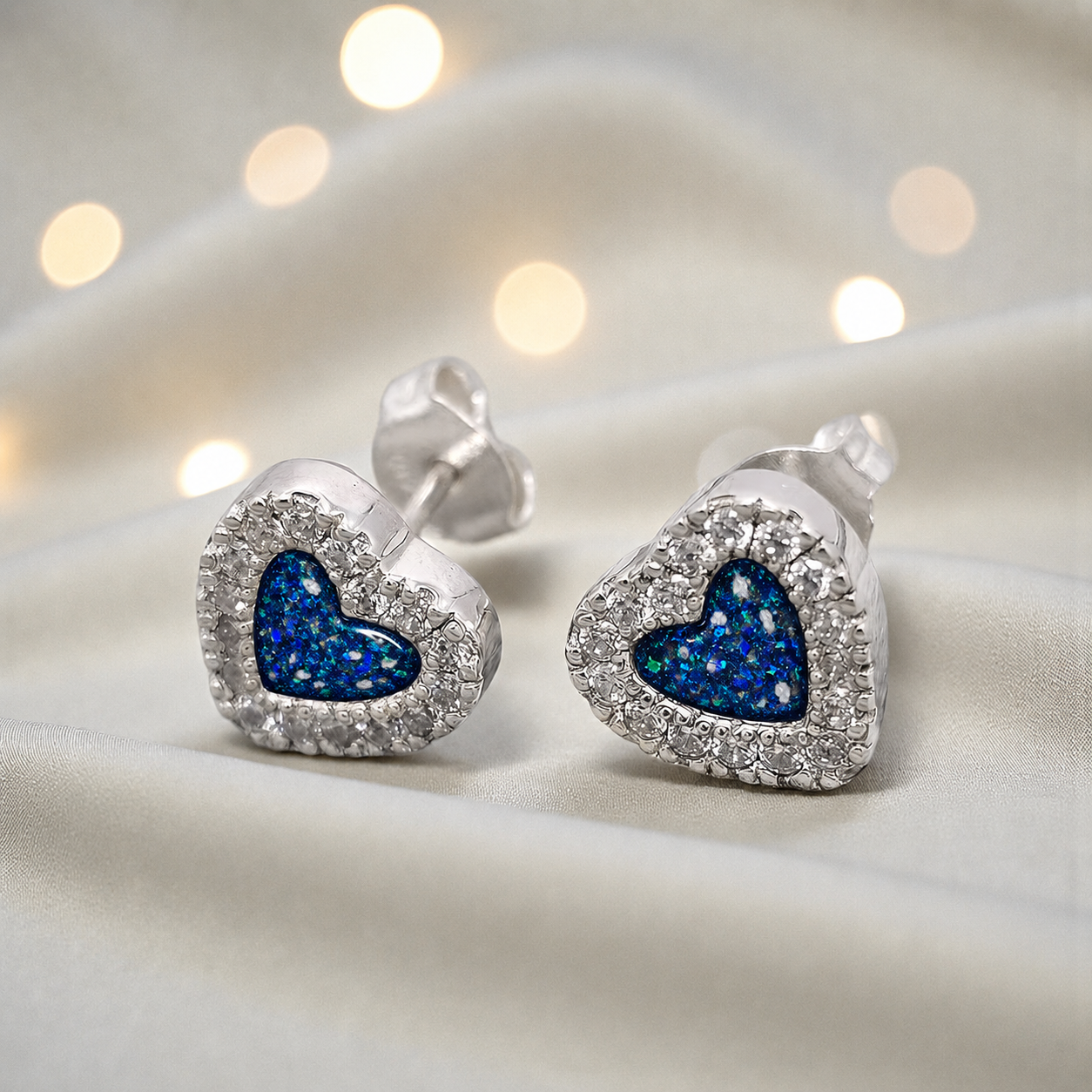 Keepsake Memorial Sterling Silver Heart Ashes Earrings Opal Dawn in Sapphire Glow - Handcrafted in the UK