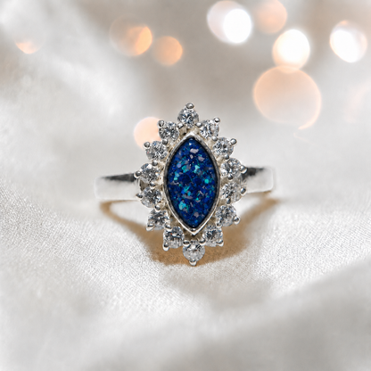 Keepsake Memorial Silver Princess Ashes Ring in Sapphire Glow - Handcrafted in the UK