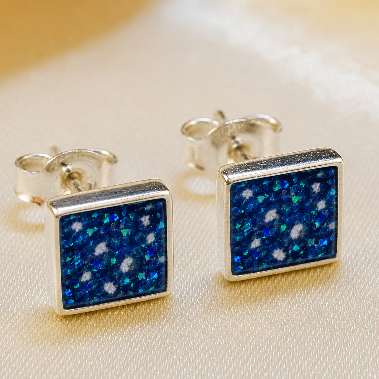 Keepsake Memorial Sterling Silver Square Stud Ashes Earrings Celeste Shine in Sapphire Glow - Handcrafted in the UK