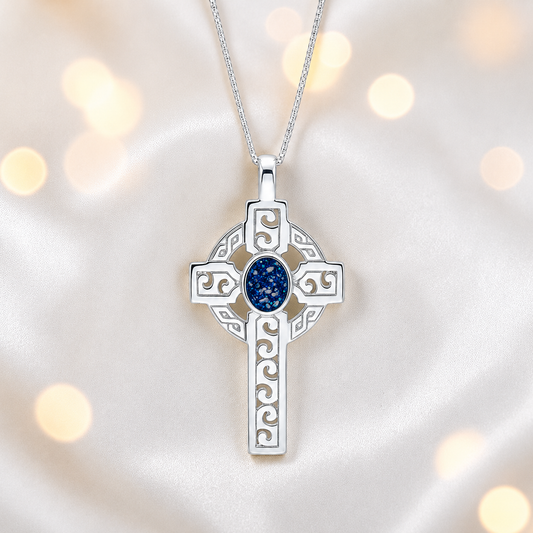 Sapphire glow Anam sterling silver Celtic cross memorial pendant, 55mm, handcrafted in Lancashire UK by Keepsake Memorial Jewellery