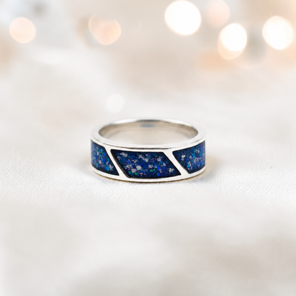 Sapphire glow Axis men's sterling silver three setting ring, handcrafted in Lancashire UK by Keepsake Memorial Jewellery