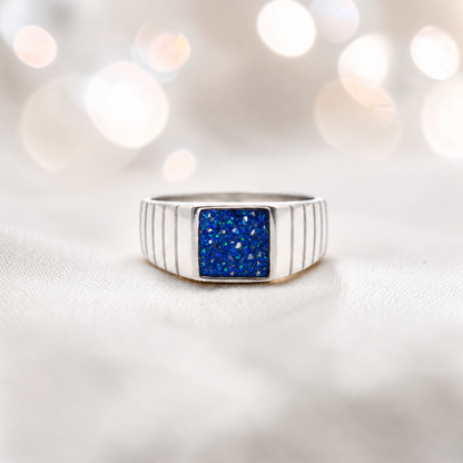 Sapphire Glow Echo men's sterling silver memorial ring, handcrafted in Lancashire UK by Keepsake Memorial Jewellery