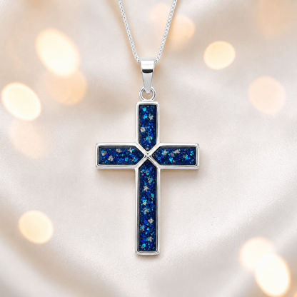 Sapphire glow Endura men's sterling silver cross memorial pendant, 29mm, handcrafted in Lancashire UK by Keepsake Memorial Jewellery