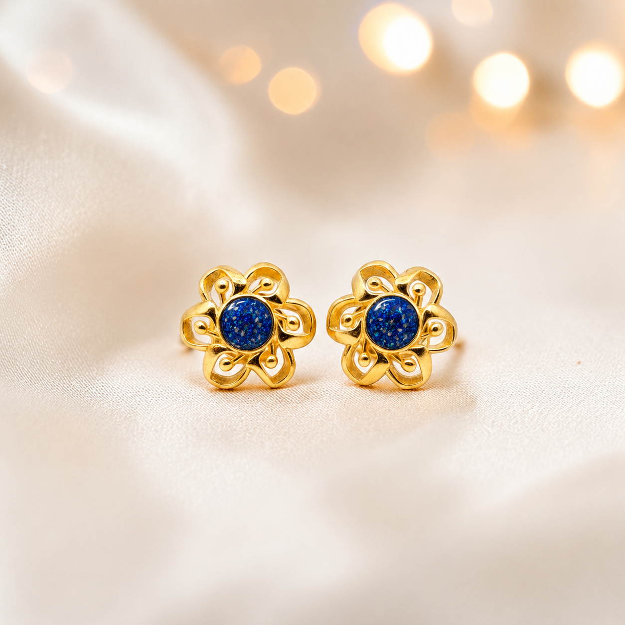 Sapphire Glow Freya 9ct gold flower earrings, handcrafted in Lancashire, UK – by Keepsake Memorial Jewellery